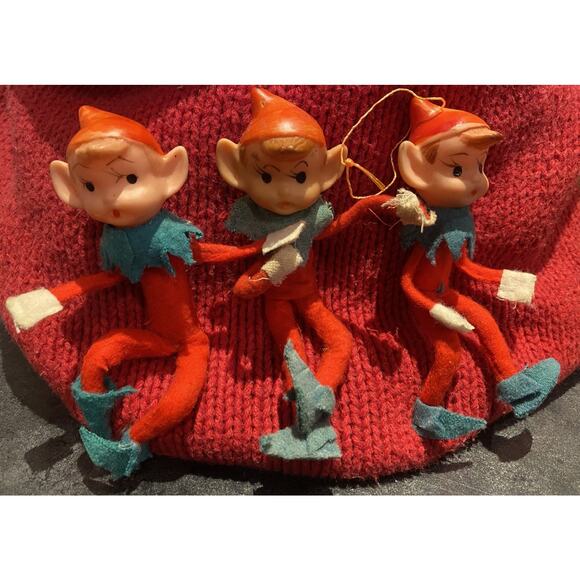 Vintage Knee Hugger Elf Japan Lot Of 3 Christmas Ornaments - Picture 1 of 7